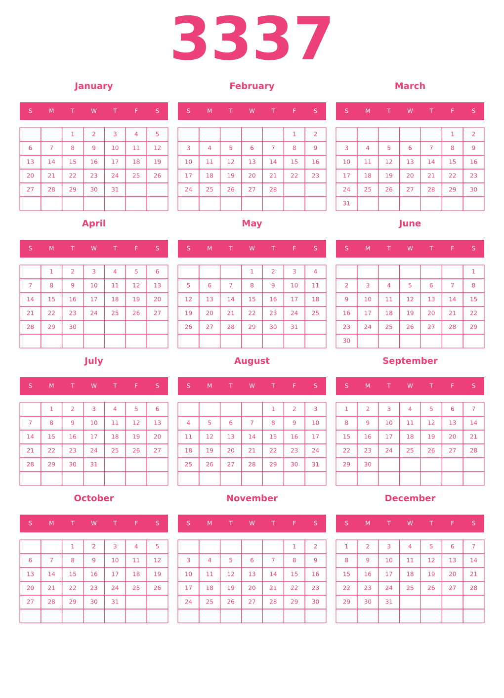 Printable 3337 Year Calendars pink