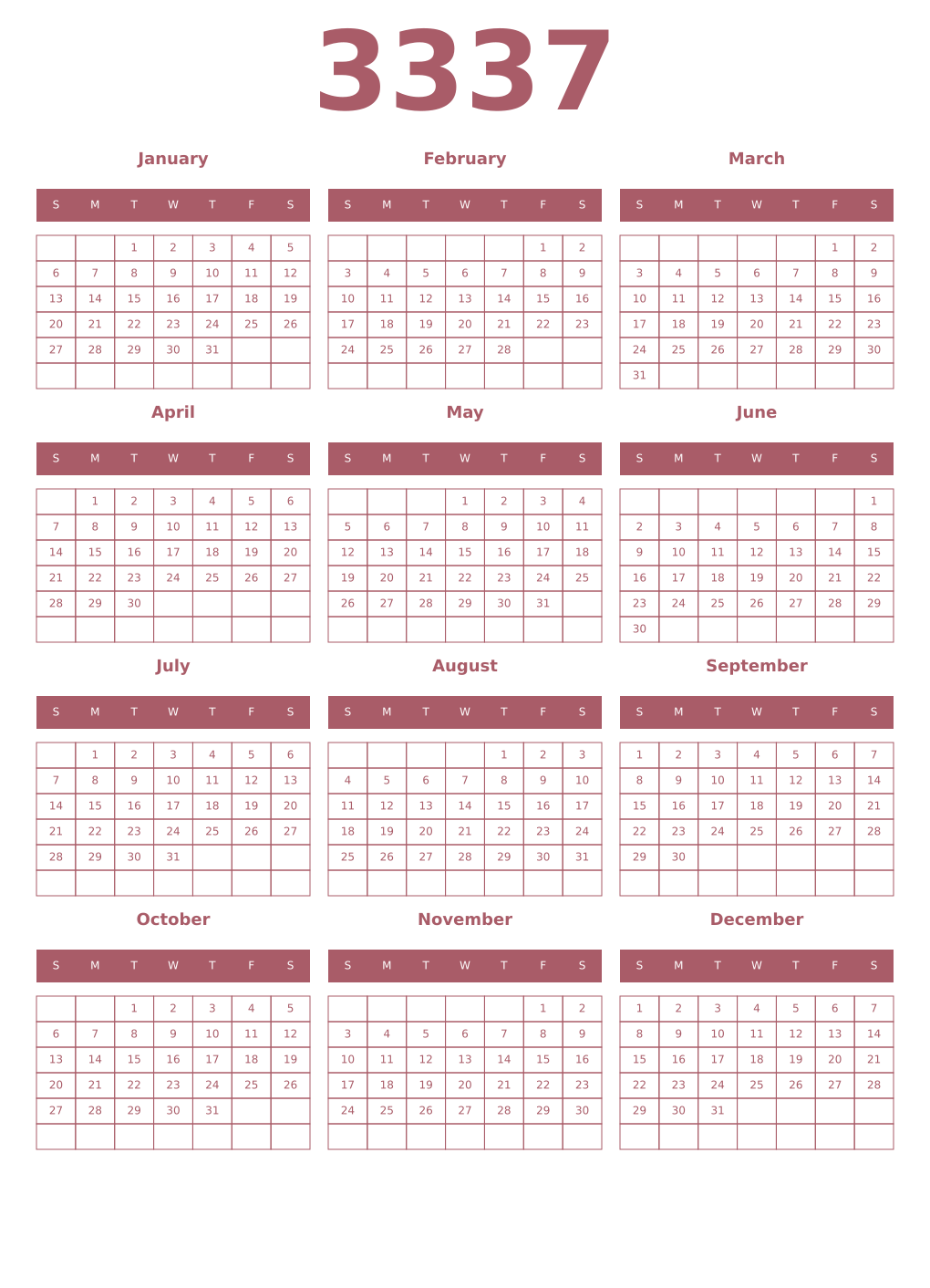 Printable 3337 Year Calendars puce