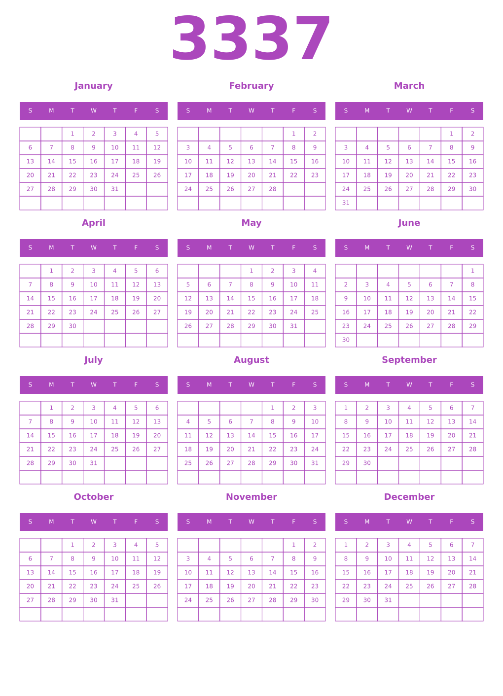Printable 3337 Year Calendars purple