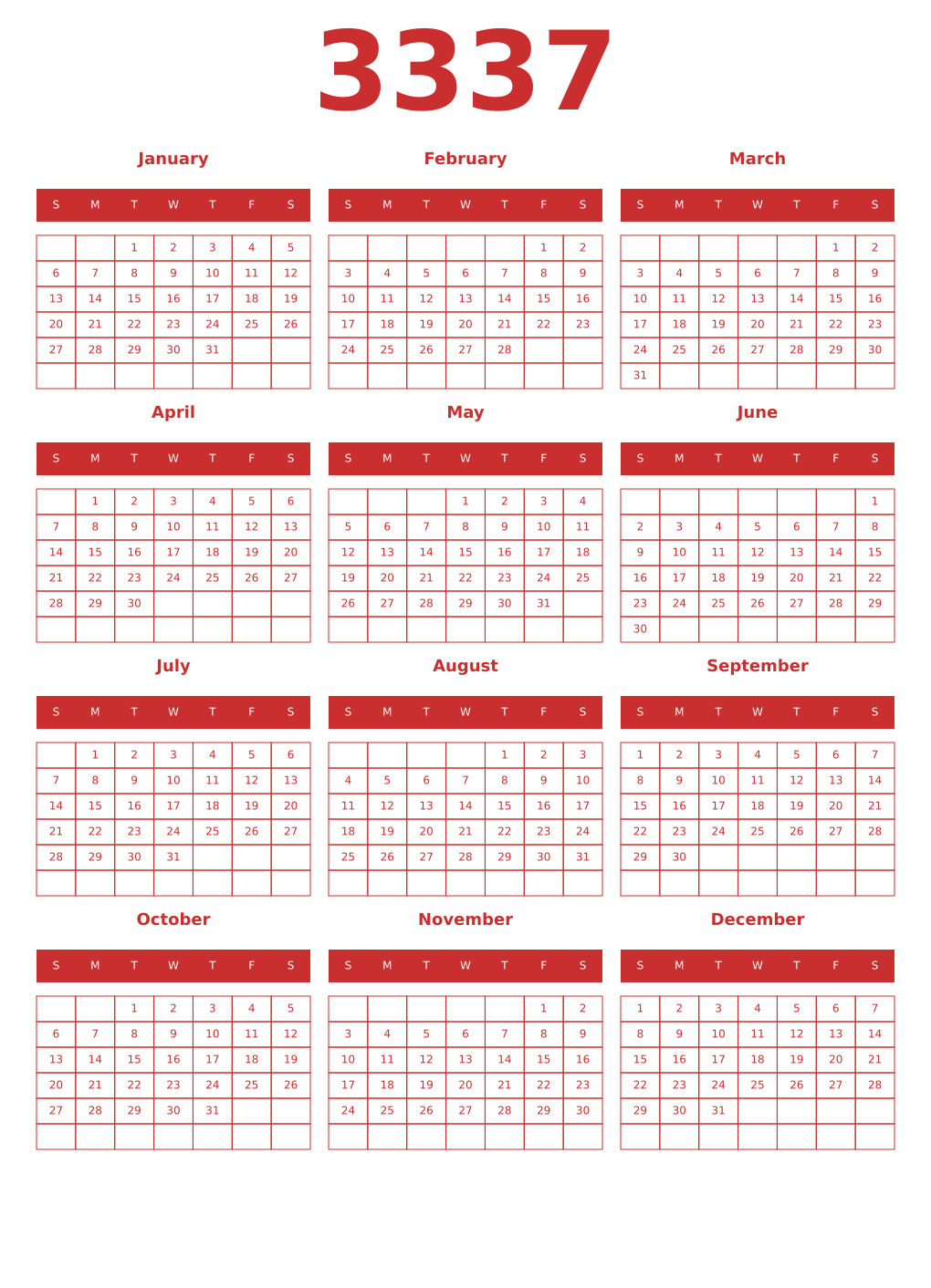 Printable 3337 Year Calendars red