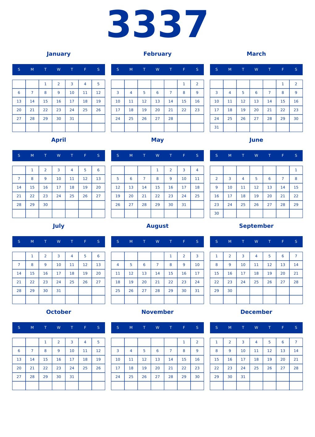 Printable 3337 Year Calendars smalt