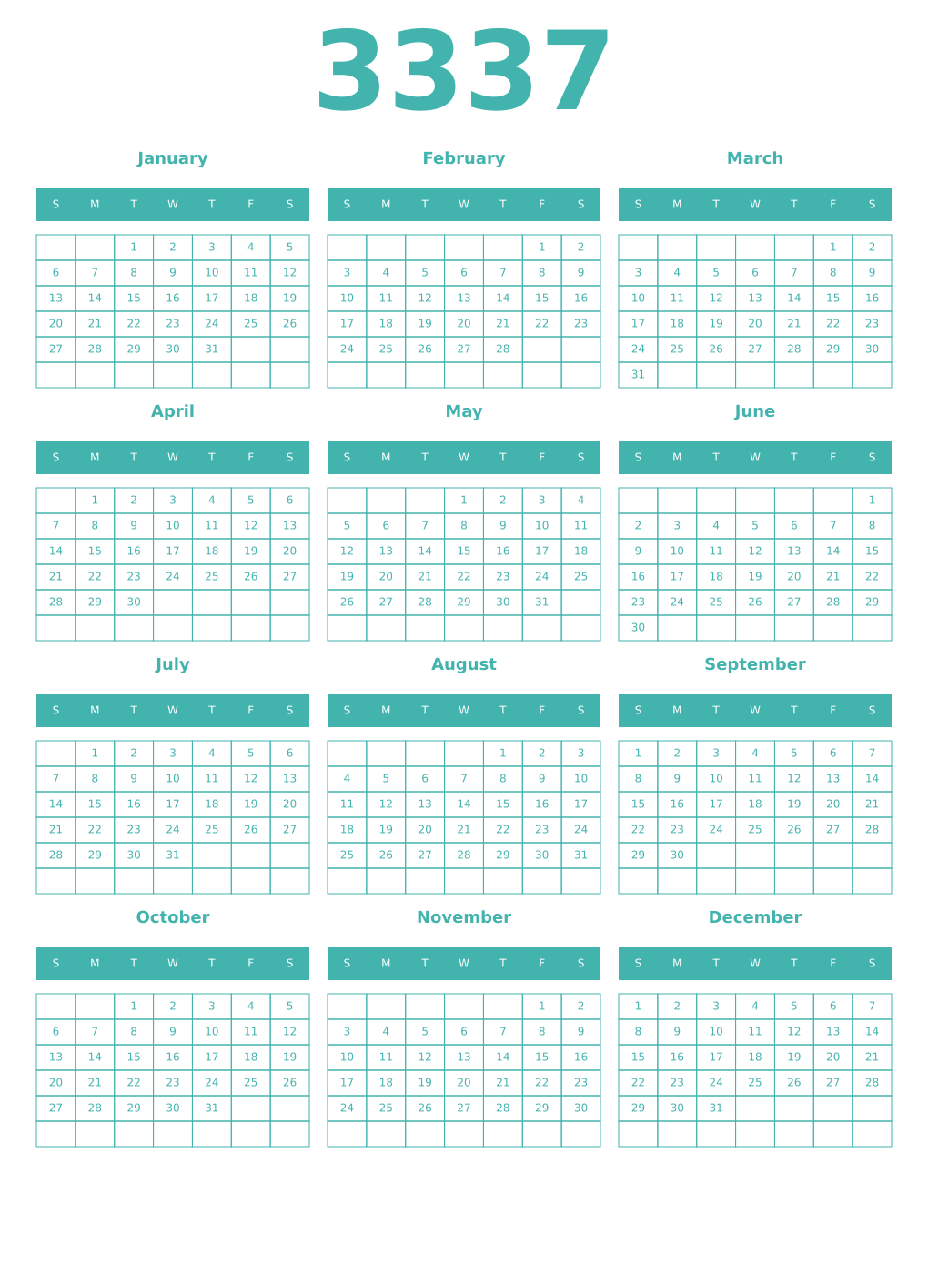 Printable 3337 Year Calendars verdigris