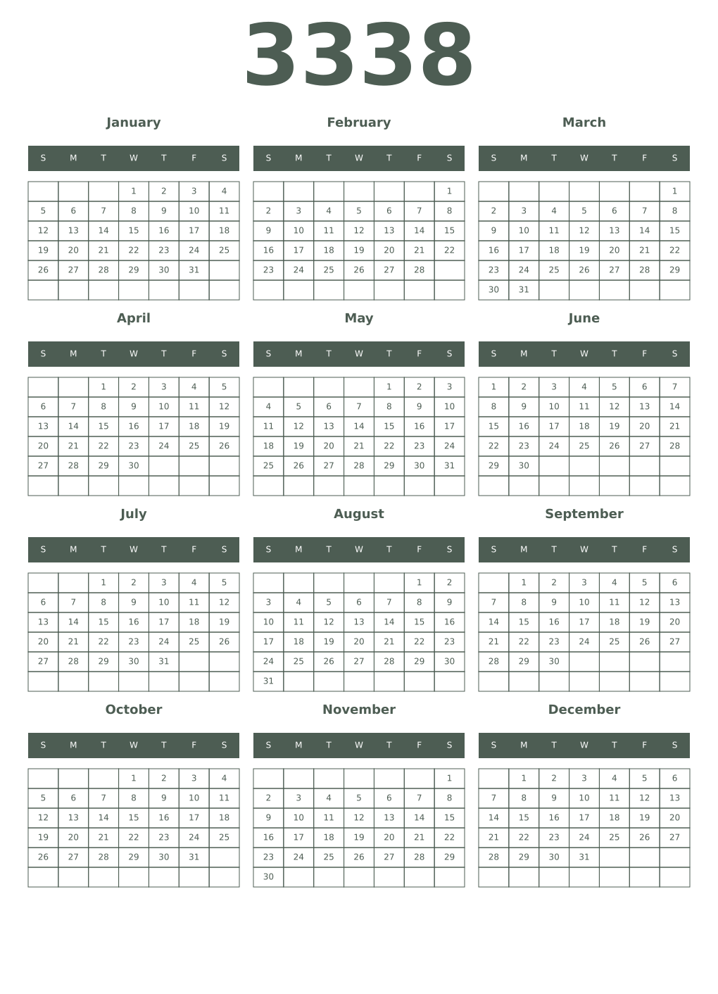 Printable 3338 Year Calendars feldgrau