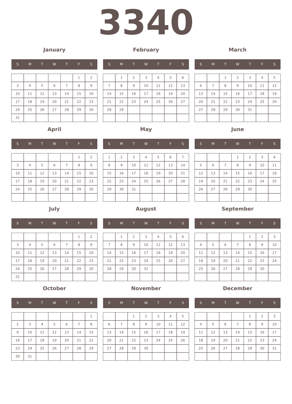 Printable 3340 Year Calendars wenge