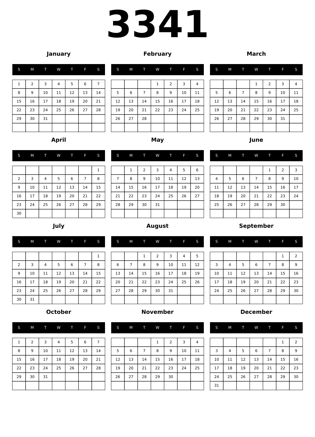 Printable 3341 Year Calendars black