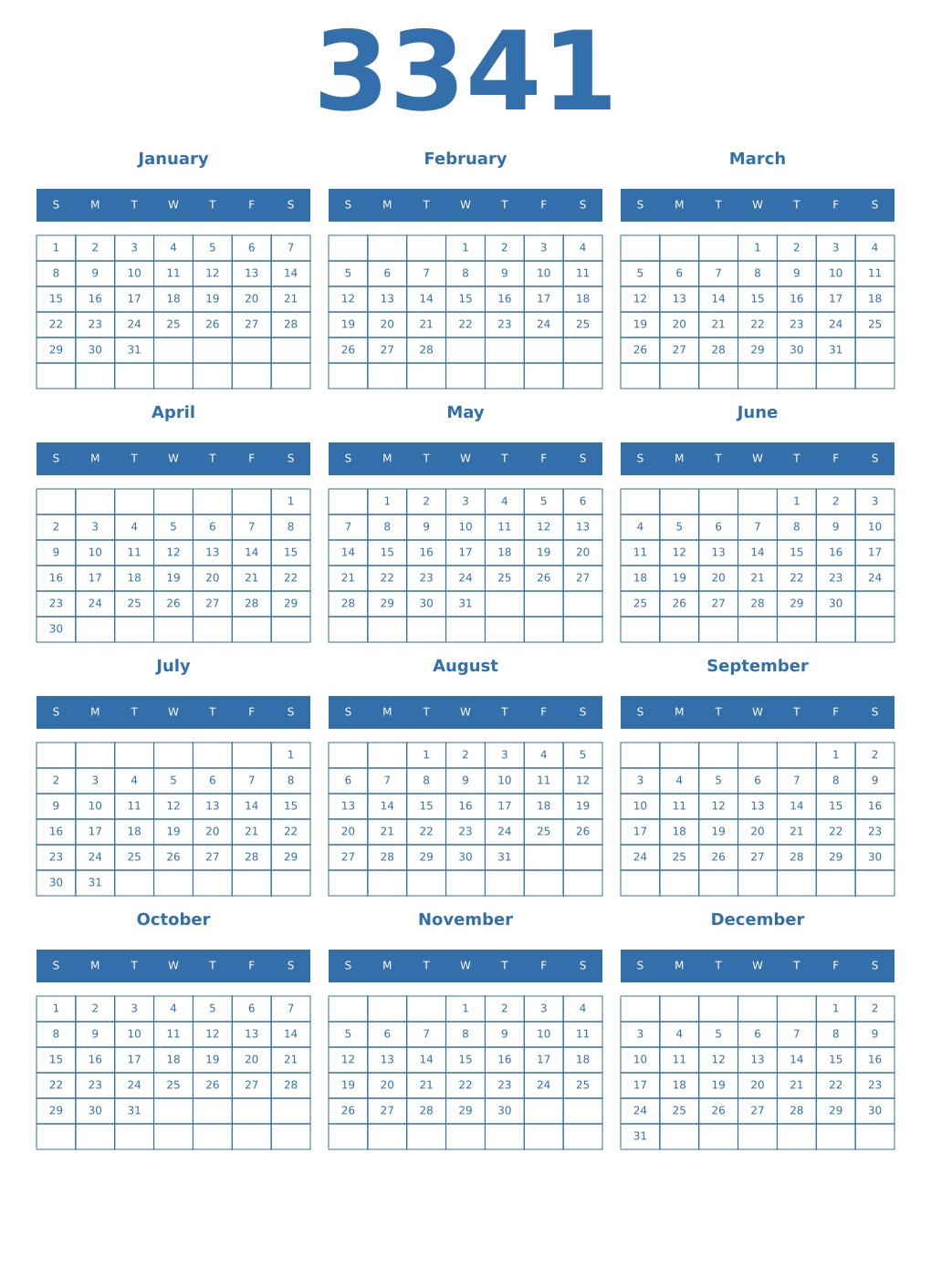 Printable 3341 Year Calendars blue
