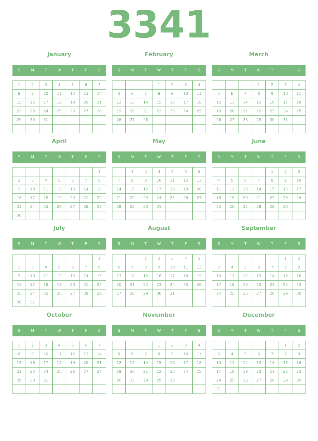 Printable 3341 Year Calendars celadon