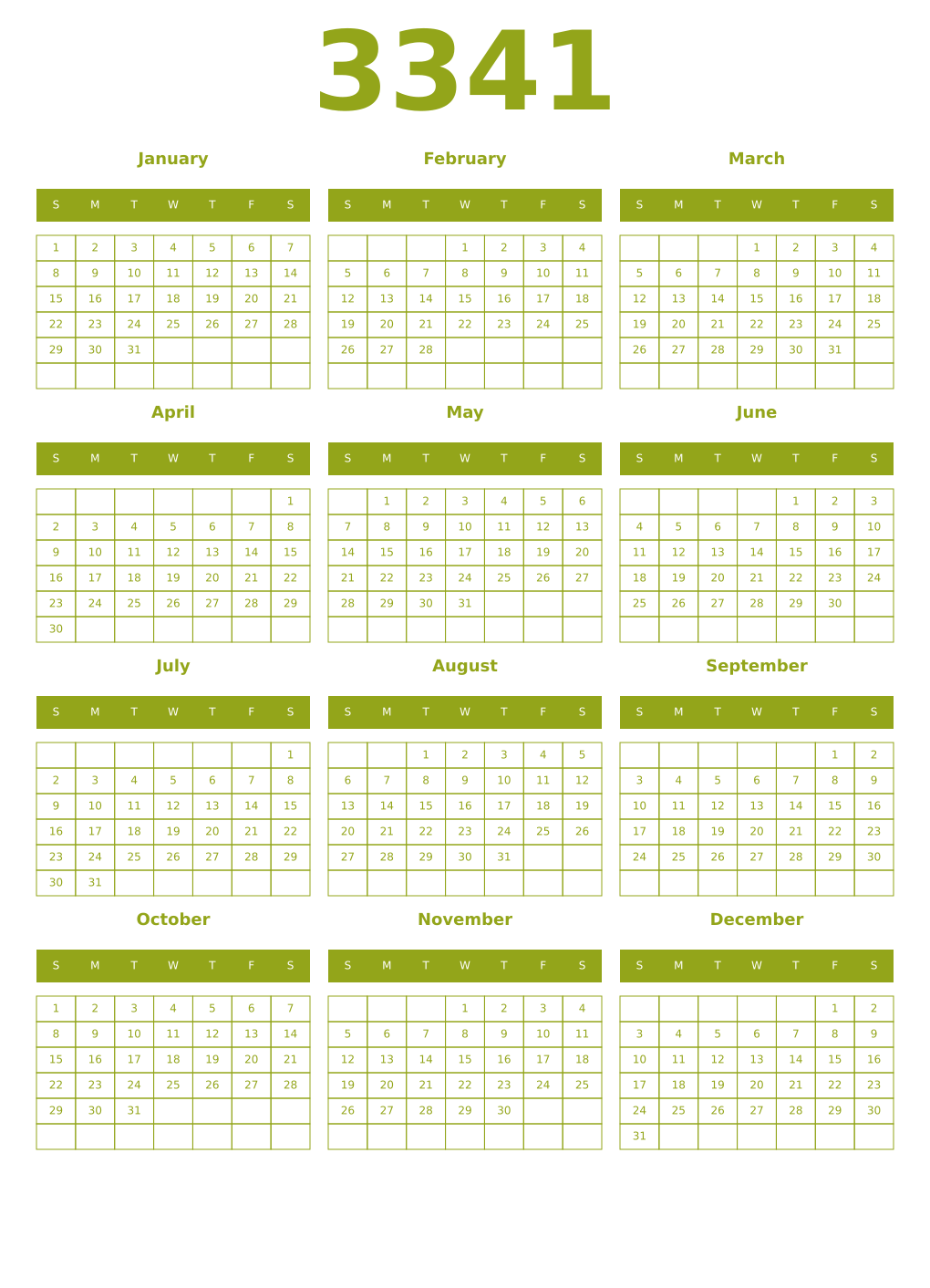 Printable 3341 Year Calendars chartreuse