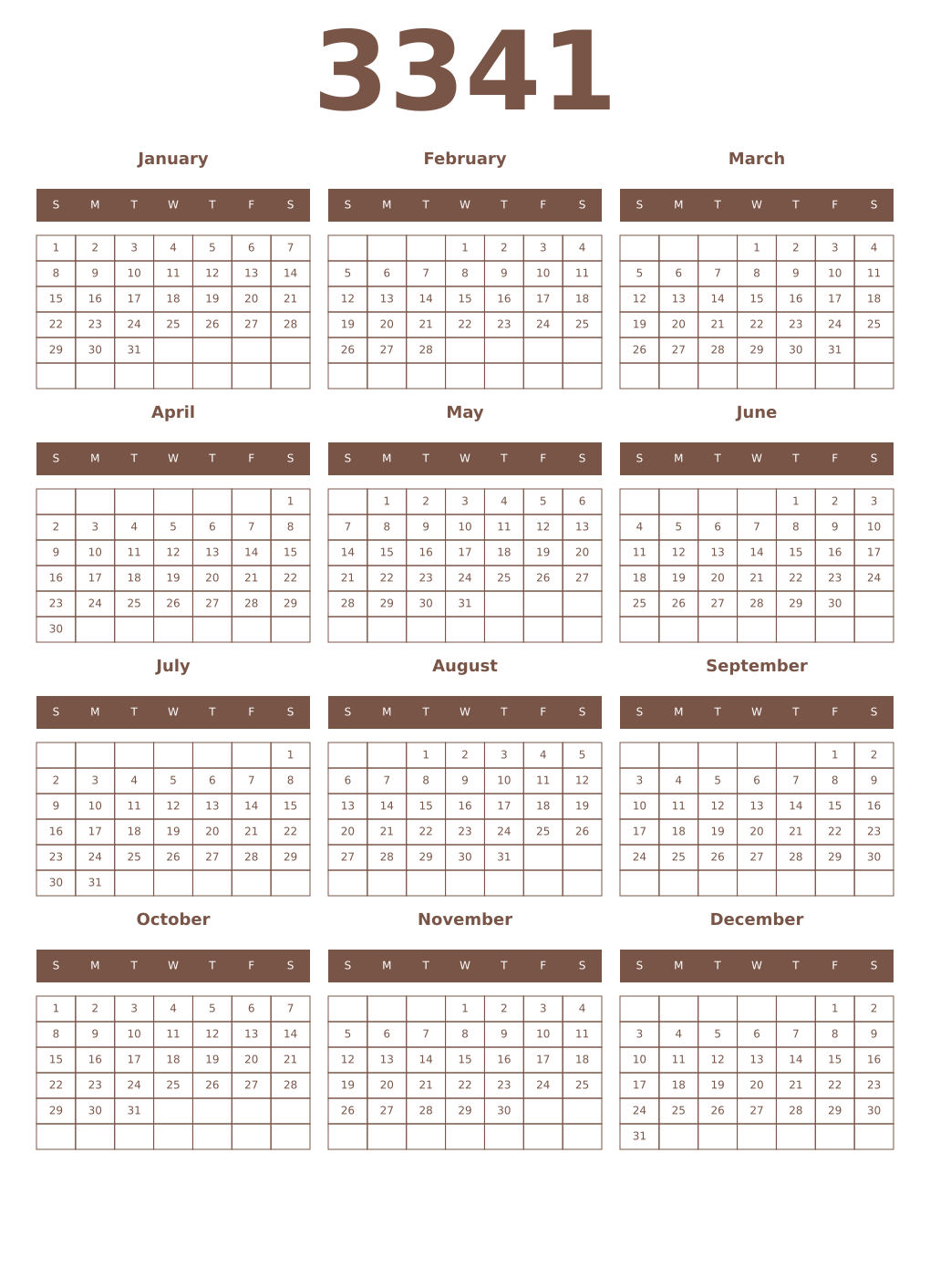 Printable 3341 Year Calendars coffe