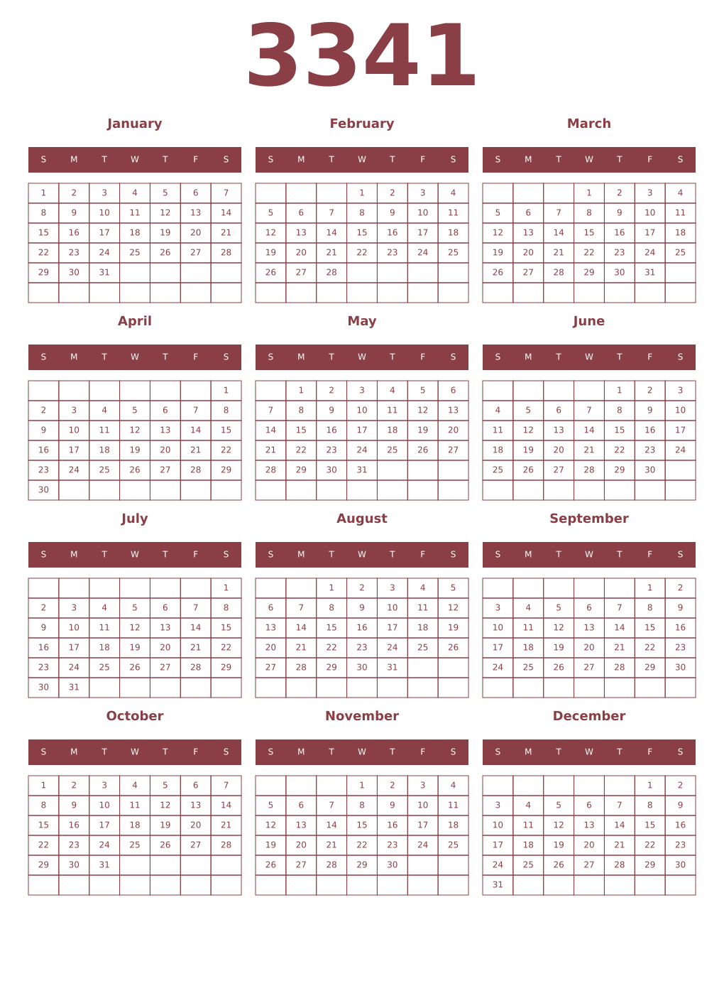 Printable 3341 Year Calendars cordovan