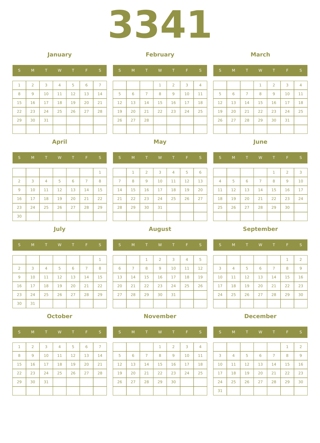 Printable 3341 Year Calendars eburnean