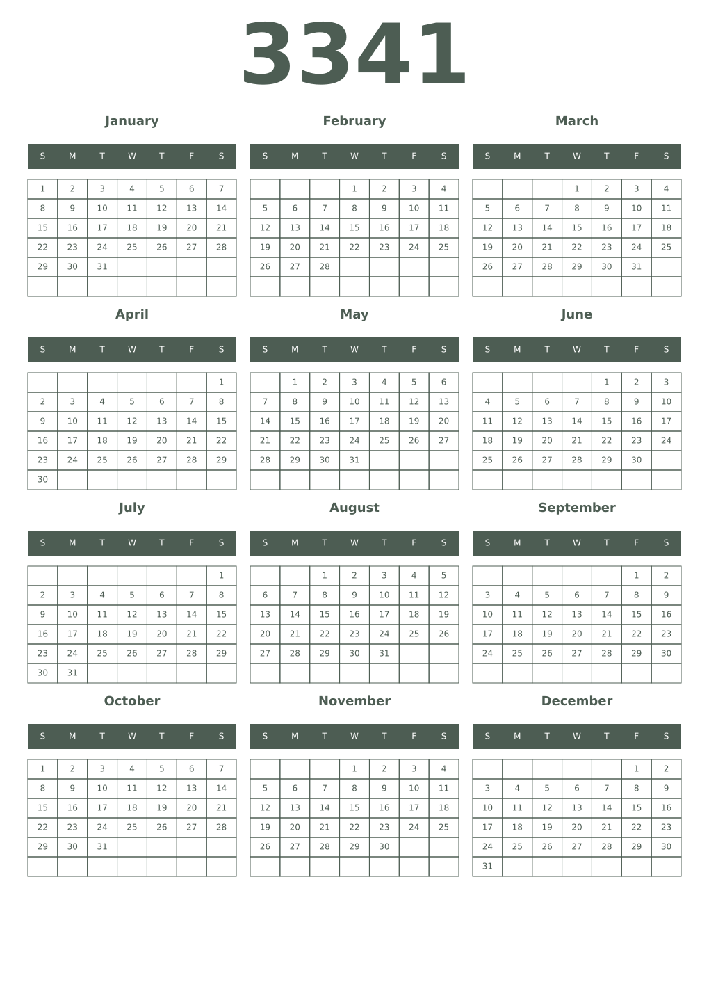 Printable 3341 Year Calendars feldgrau