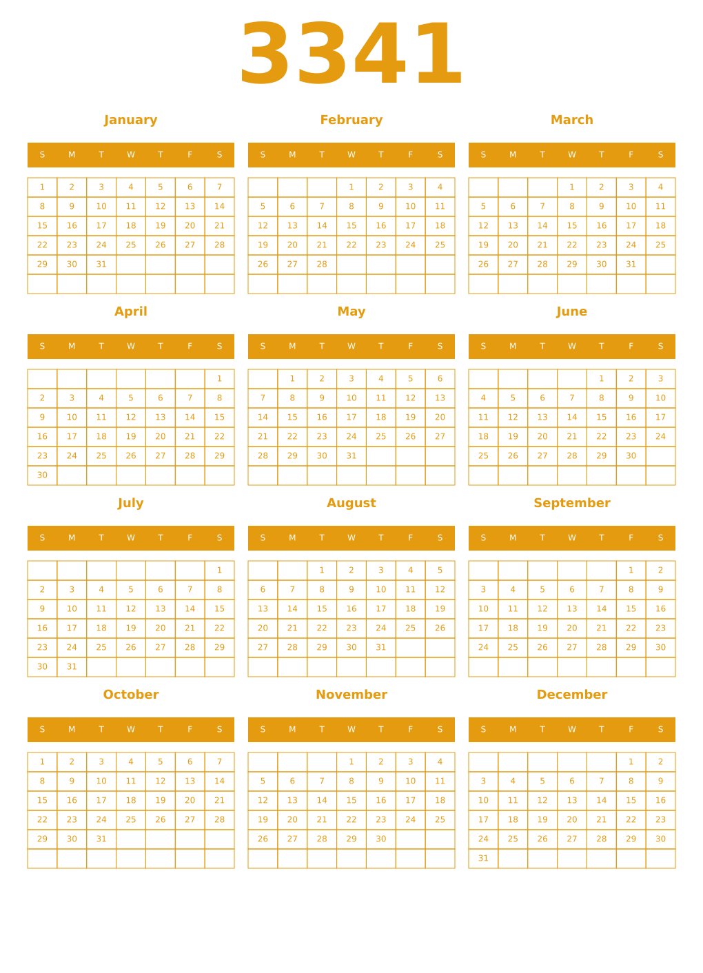 Printable 3341 Year Calendars gamboge