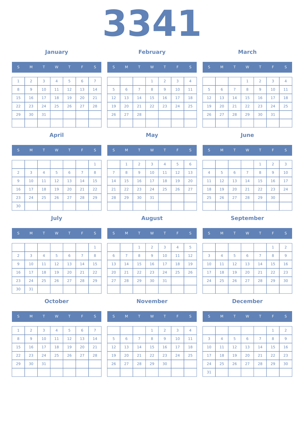 Printable 3341 Year Calendars glaucous