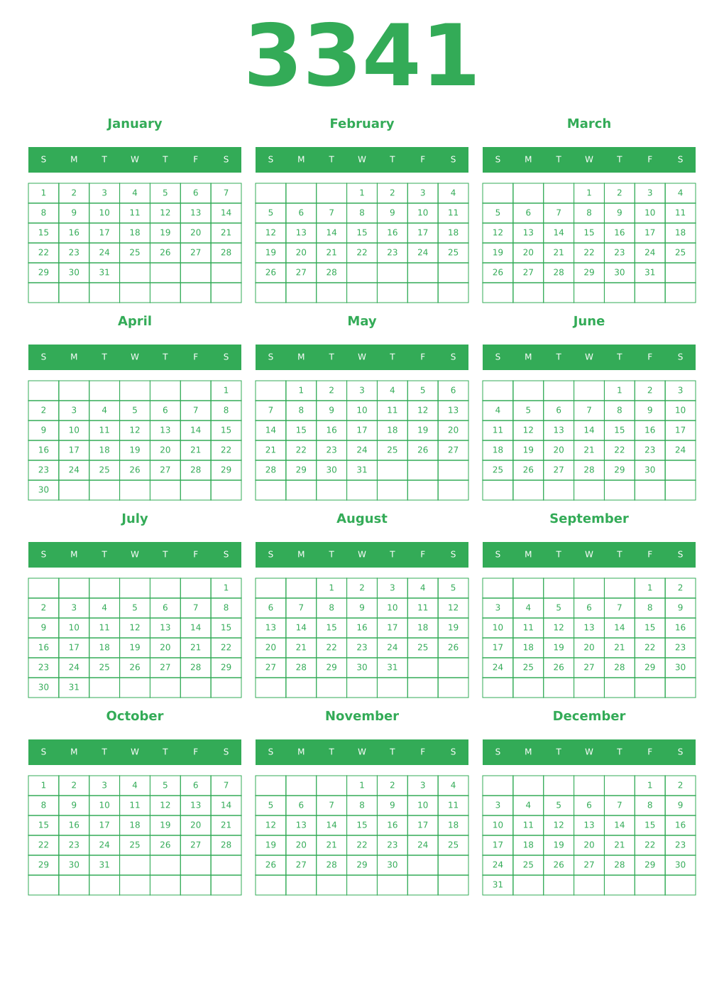 Printable 3341 Year Calendars green