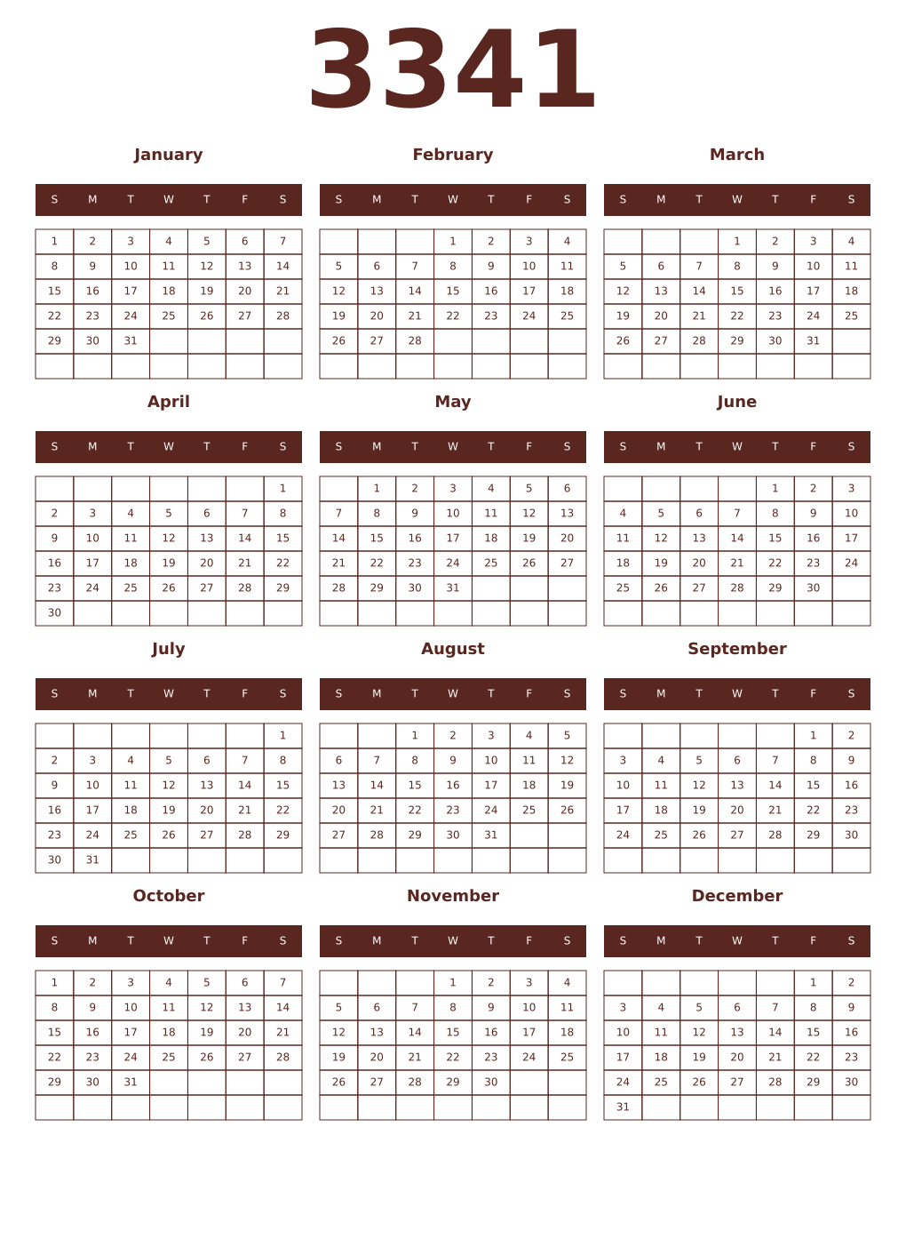 Printable 3341 Year Calendars mortuum