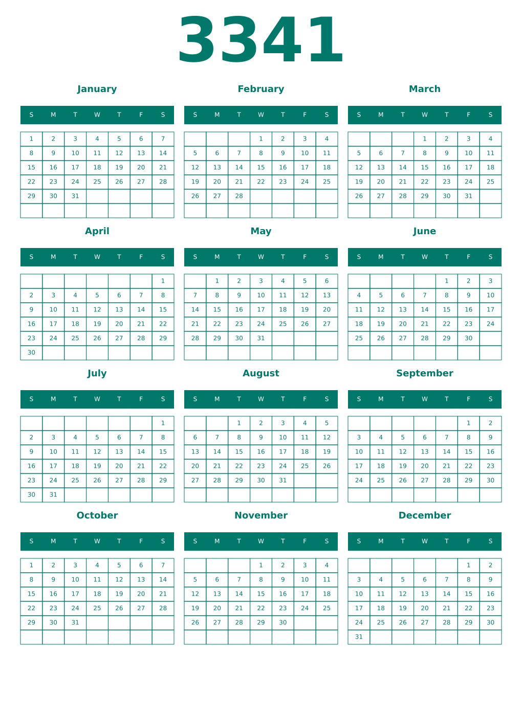 Printable 3341 Year Calendars pastel