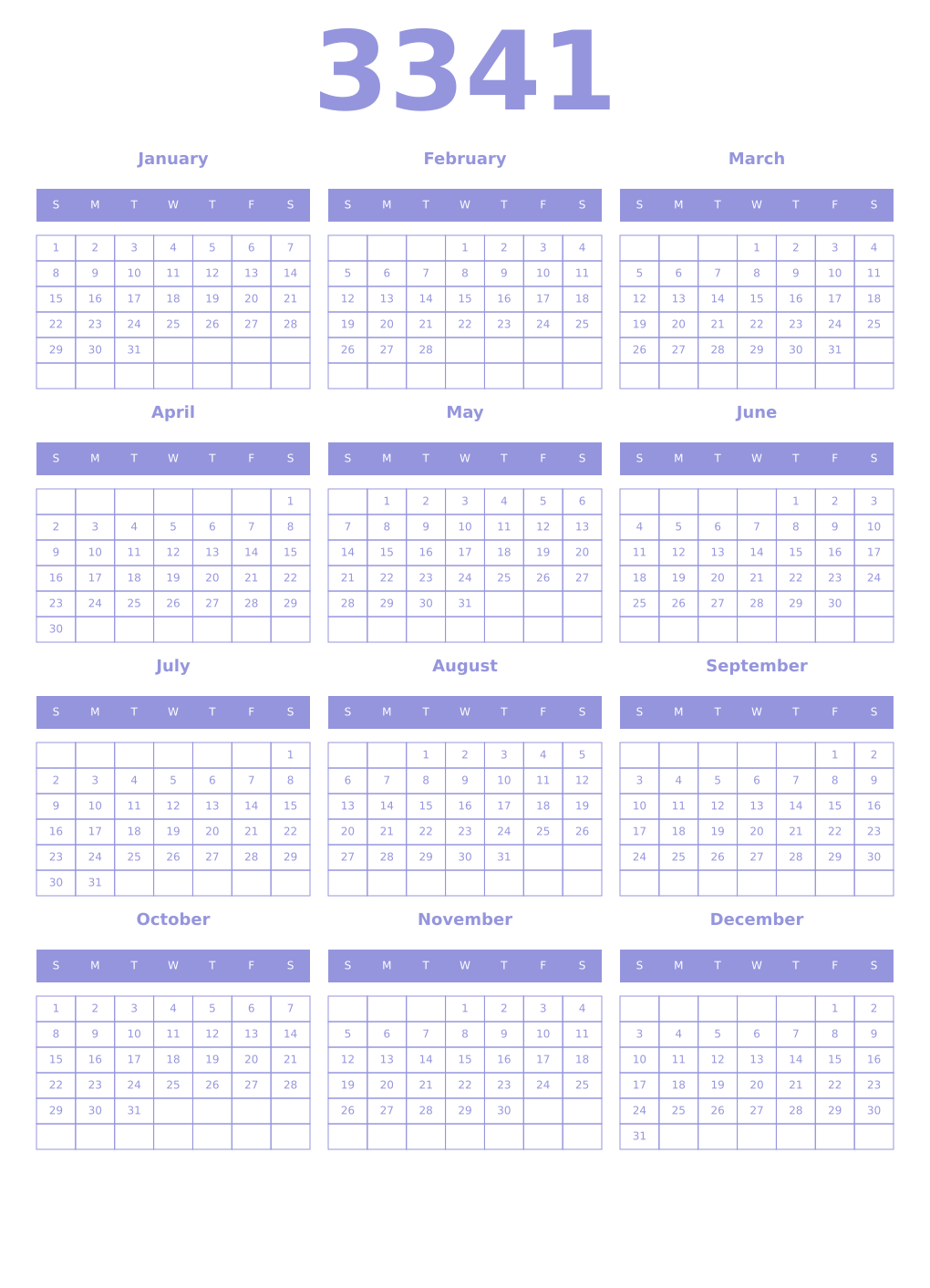 Printable 3341 Year Calendars periwinkle