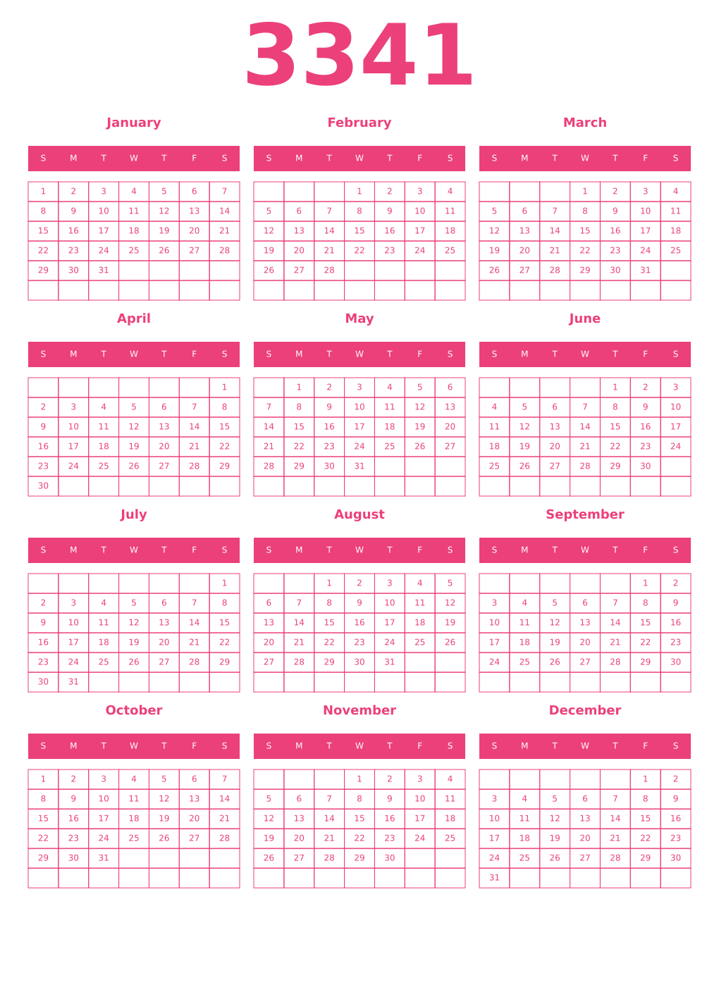 Printable 3341 Year Calendars pink
