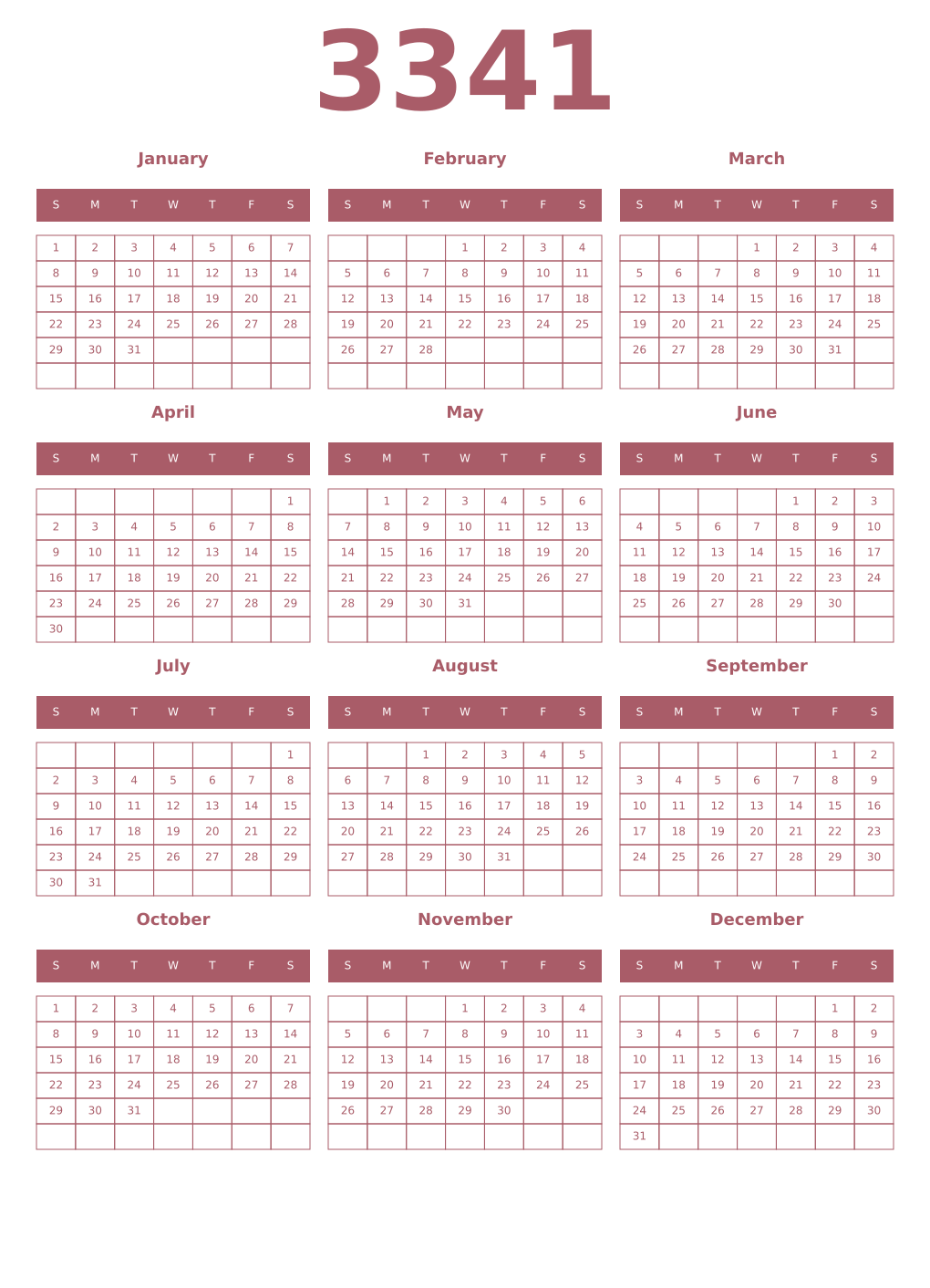 Printable 3341 Year Calendars puce