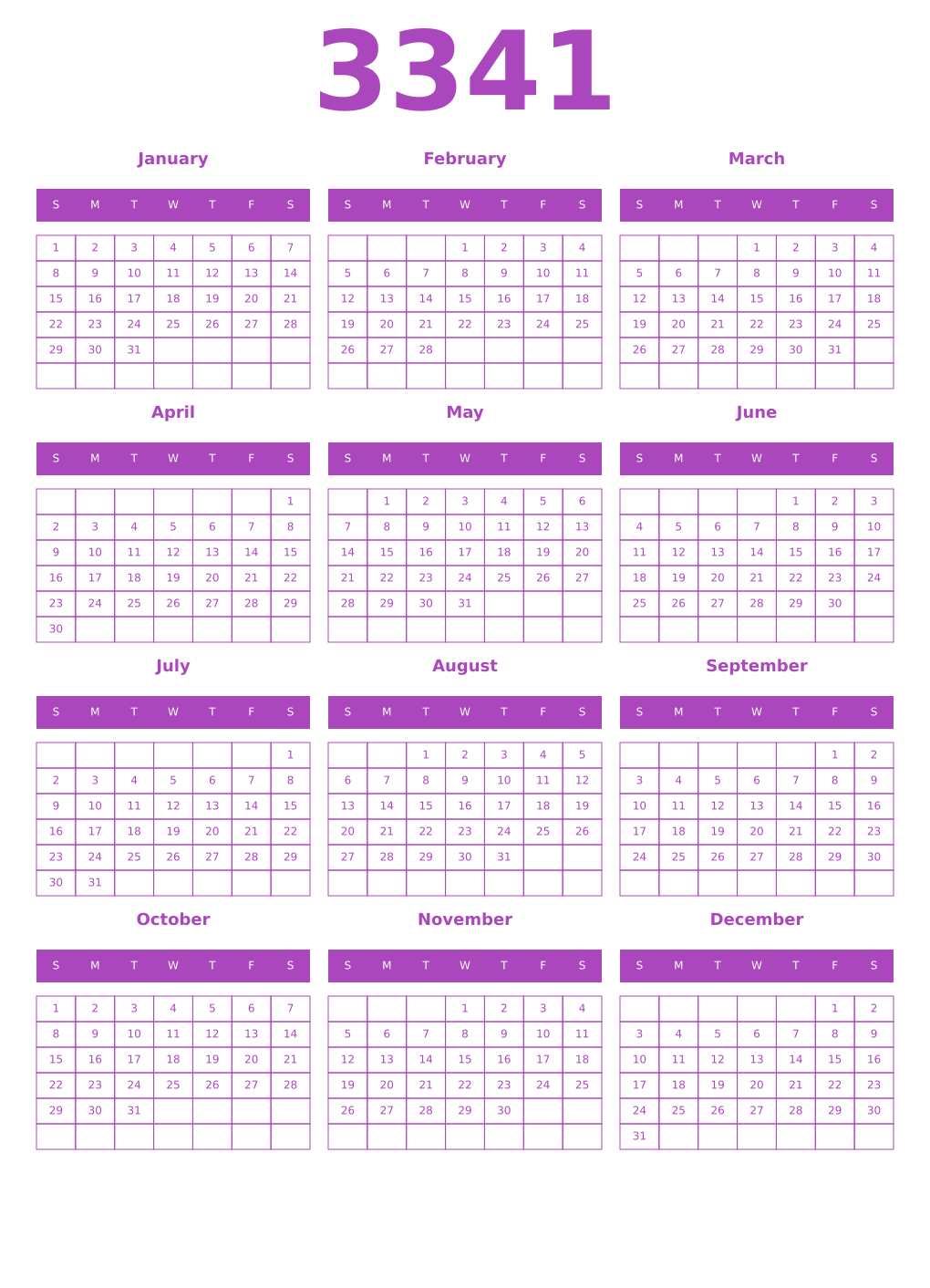 Printable 3341 Year Calendars purple