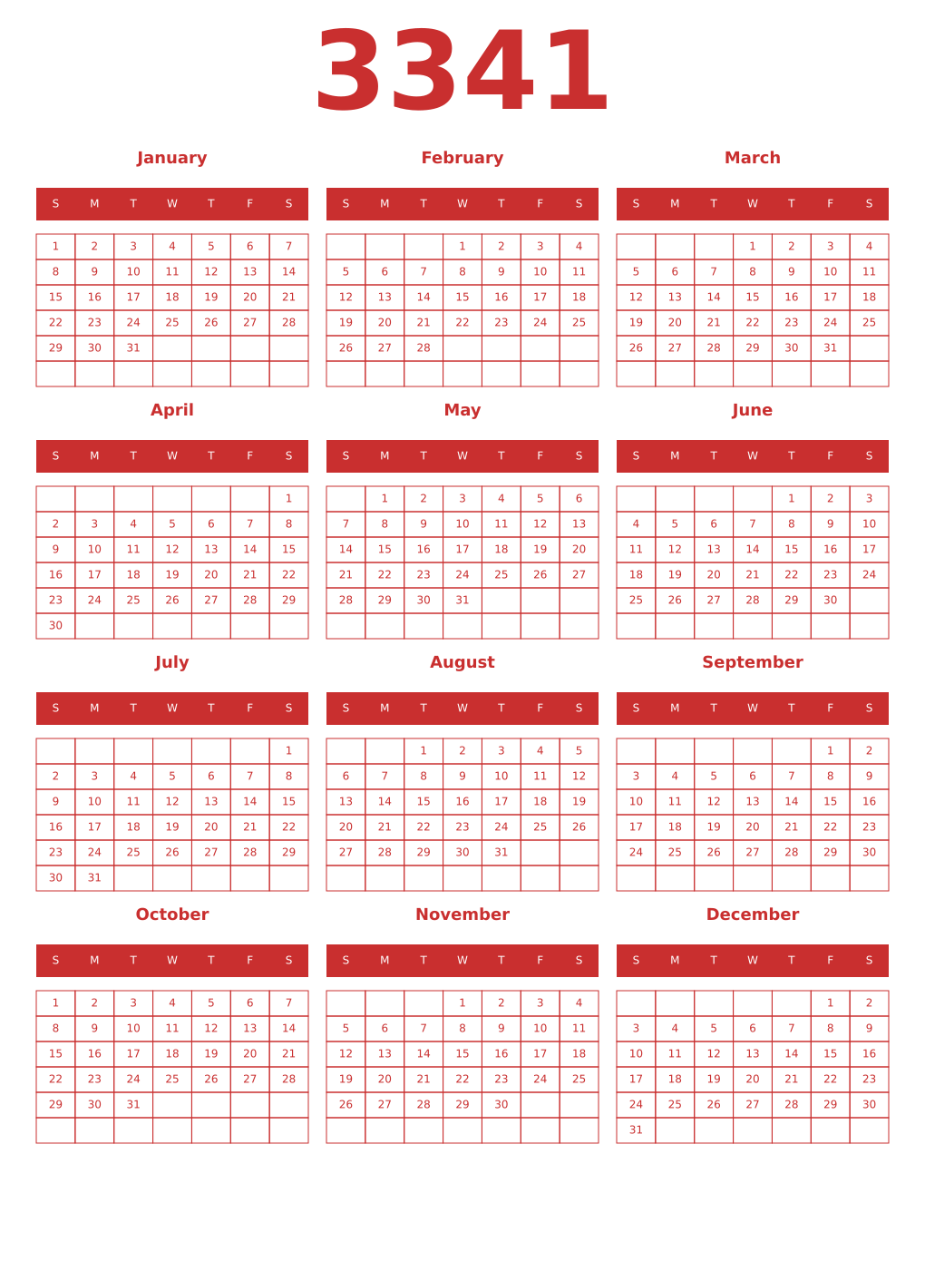 Printable 3341 Year Calendars red