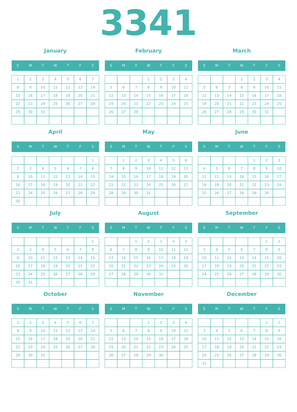 Printable 3341 Year Calendars verdigris