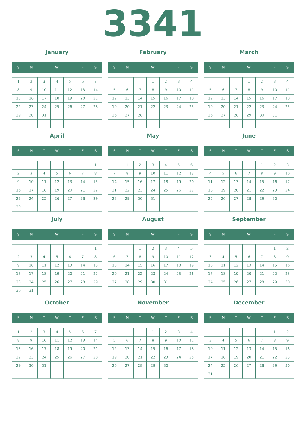 Printable 3341 Year Calendars viridian