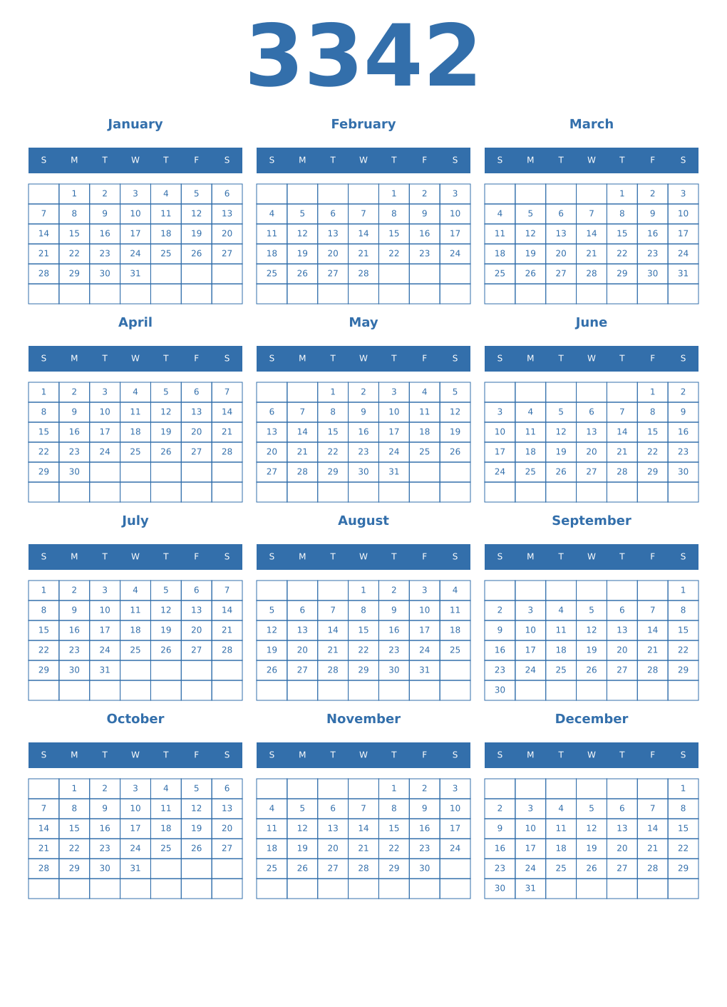 Printable 3342 Year Calendars blue