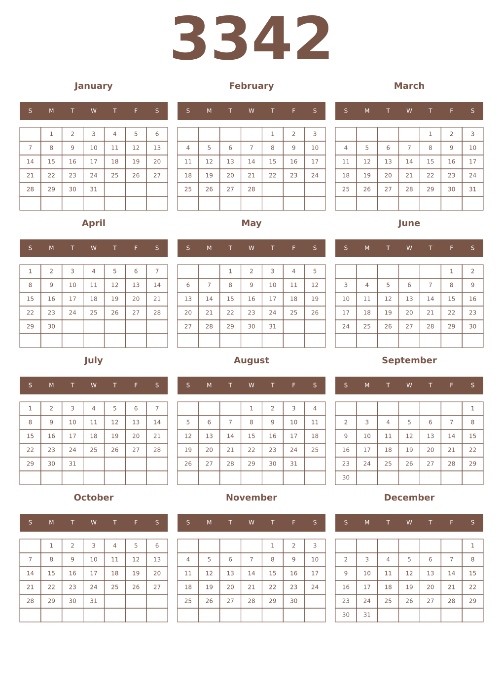 Printable 3342 Year Calendars coffe