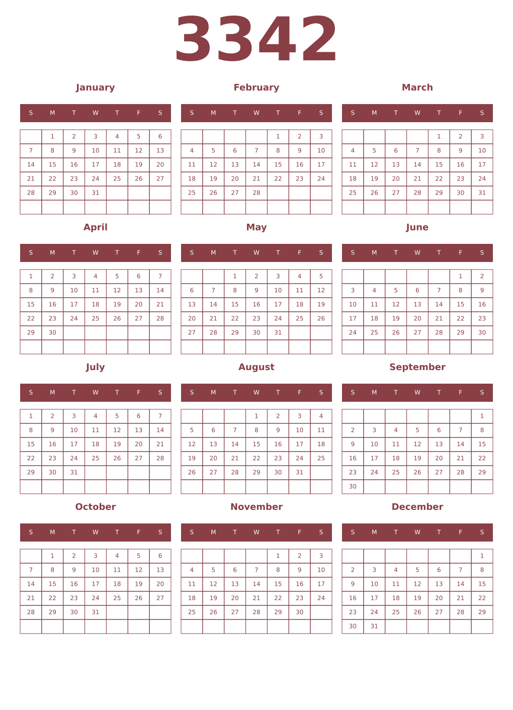 Printable 3342 Year Calendars cordovan