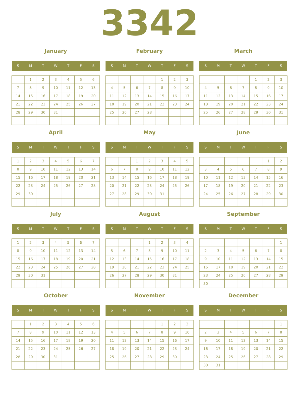 Printable 3342 Year Calendars eburnean