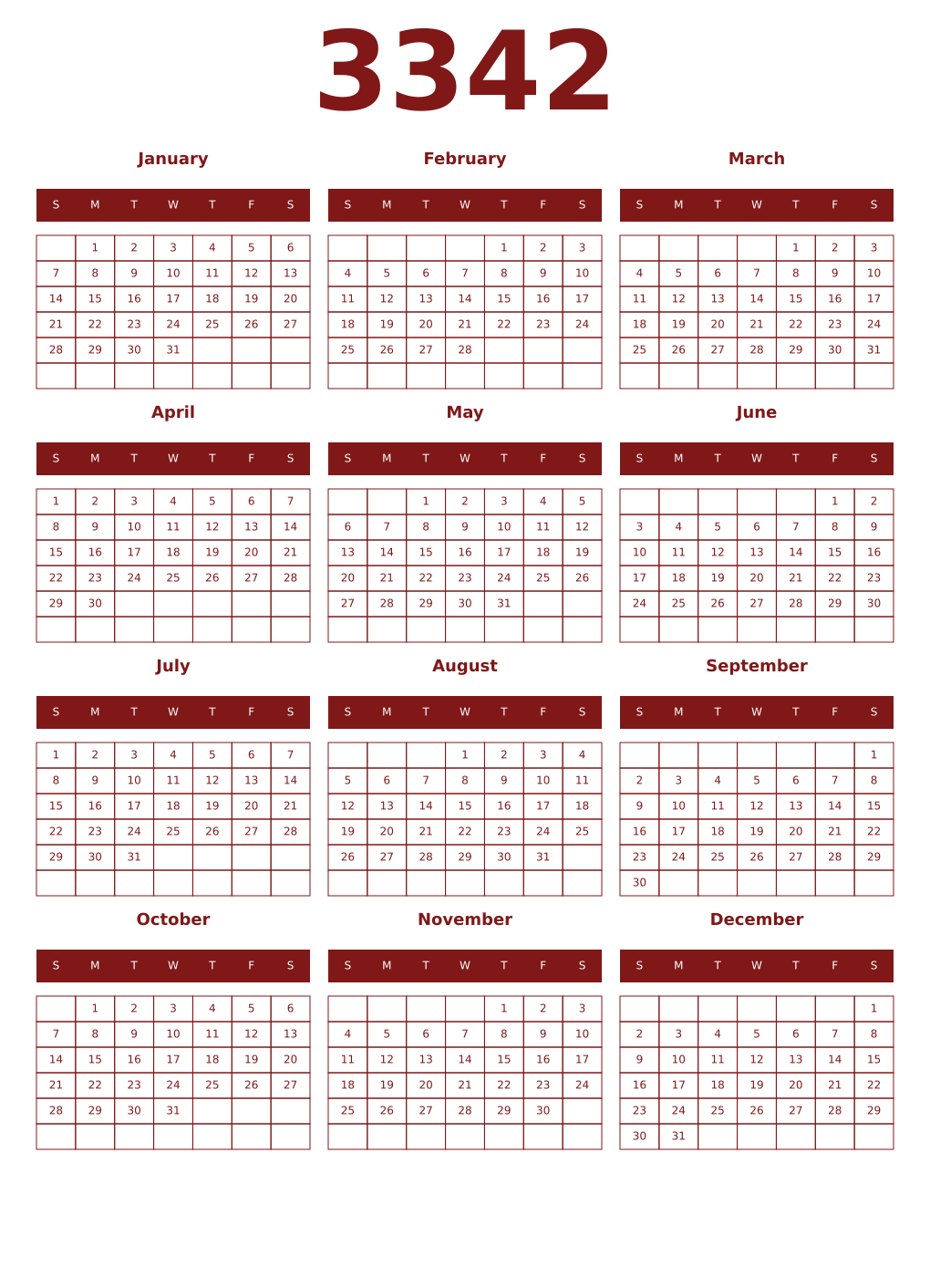 Printable 3342 Year Calendars falu