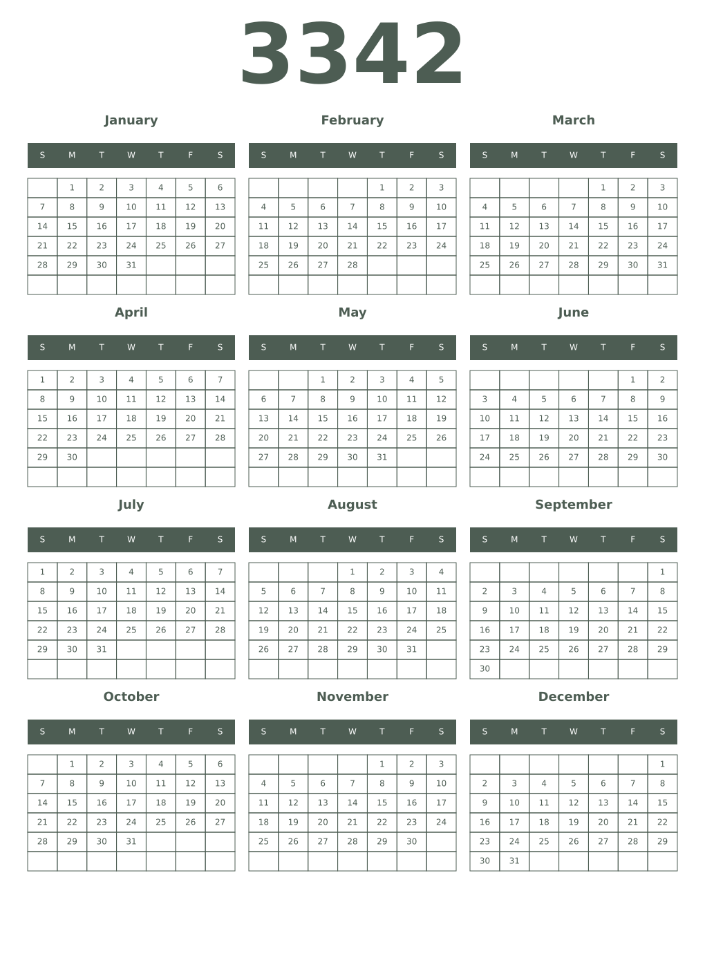 Printable 3342 Year Calendars feldgrau
