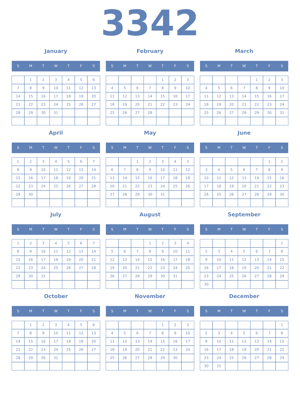 Printable 3342 Year Calendars glaucous
