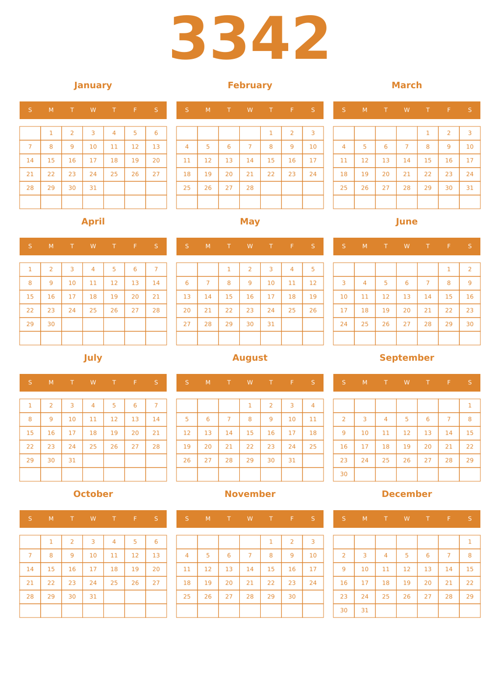 Printable 3342 Year Calendars orange