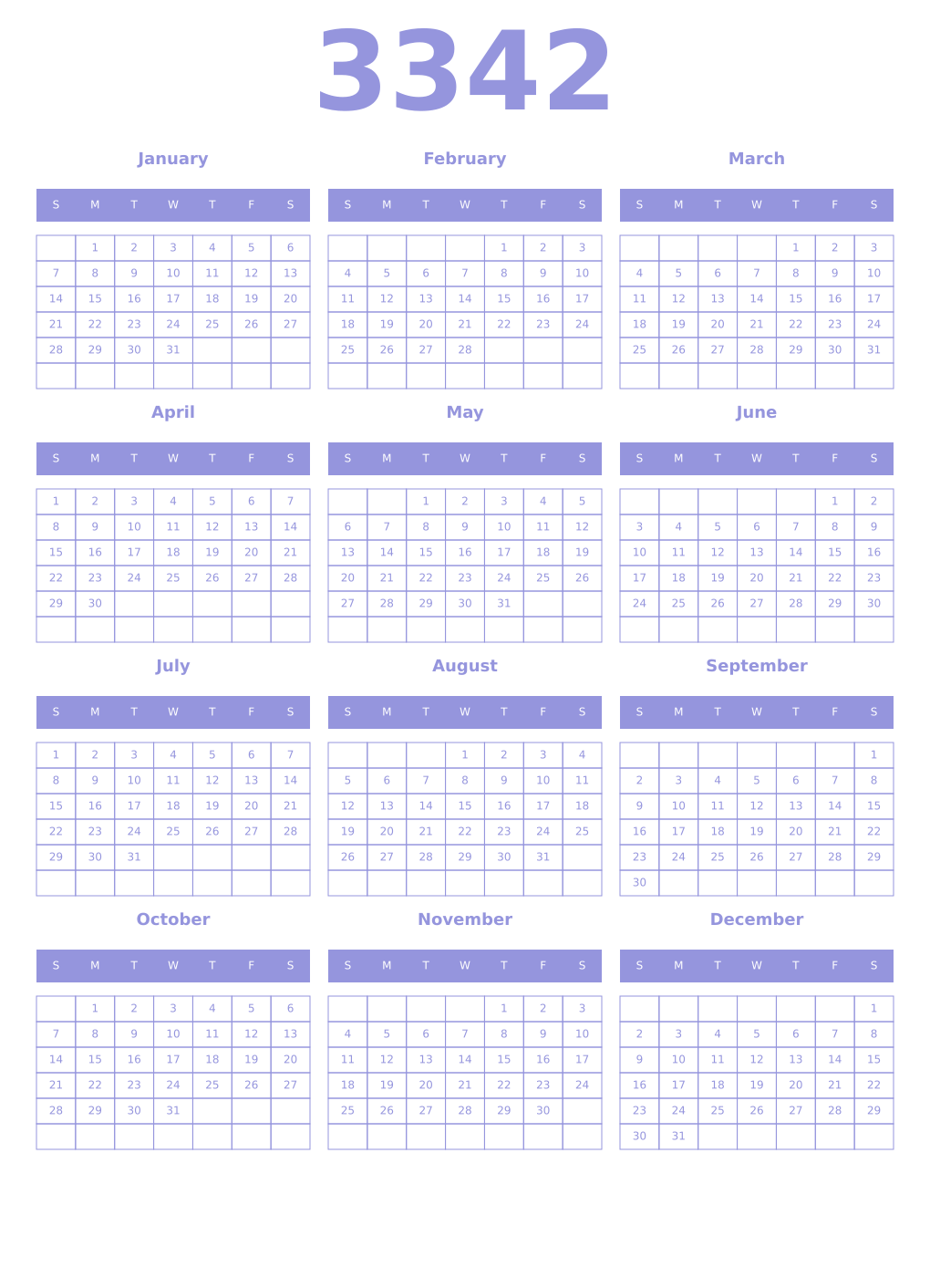 Printable 3342 Year Calendars periwinkle