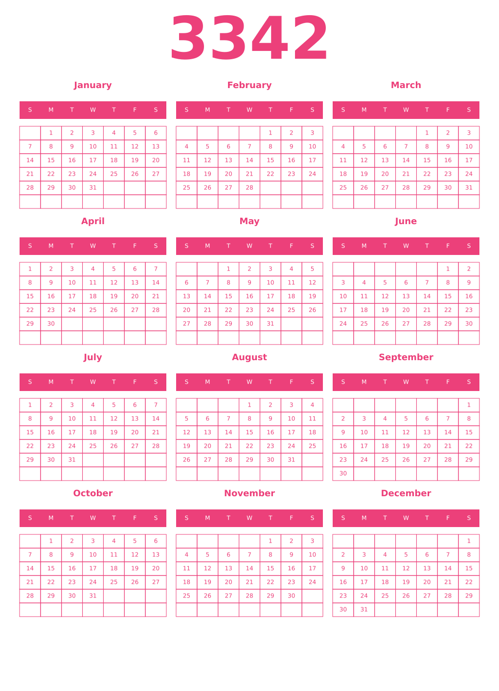 Printable 3342 Year Calendars pink