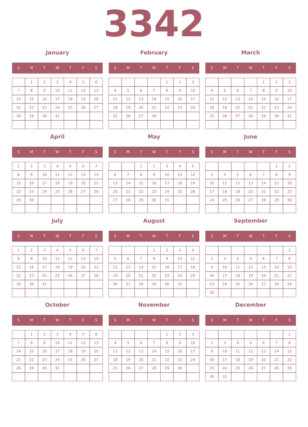 Printable 3342 Year Calendars puce