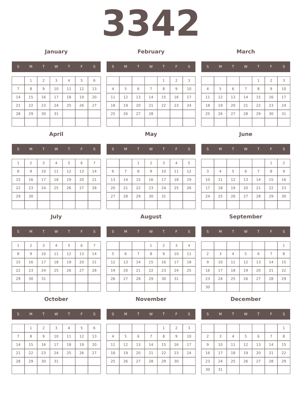 Printable 3342 Year Calendars wenge
