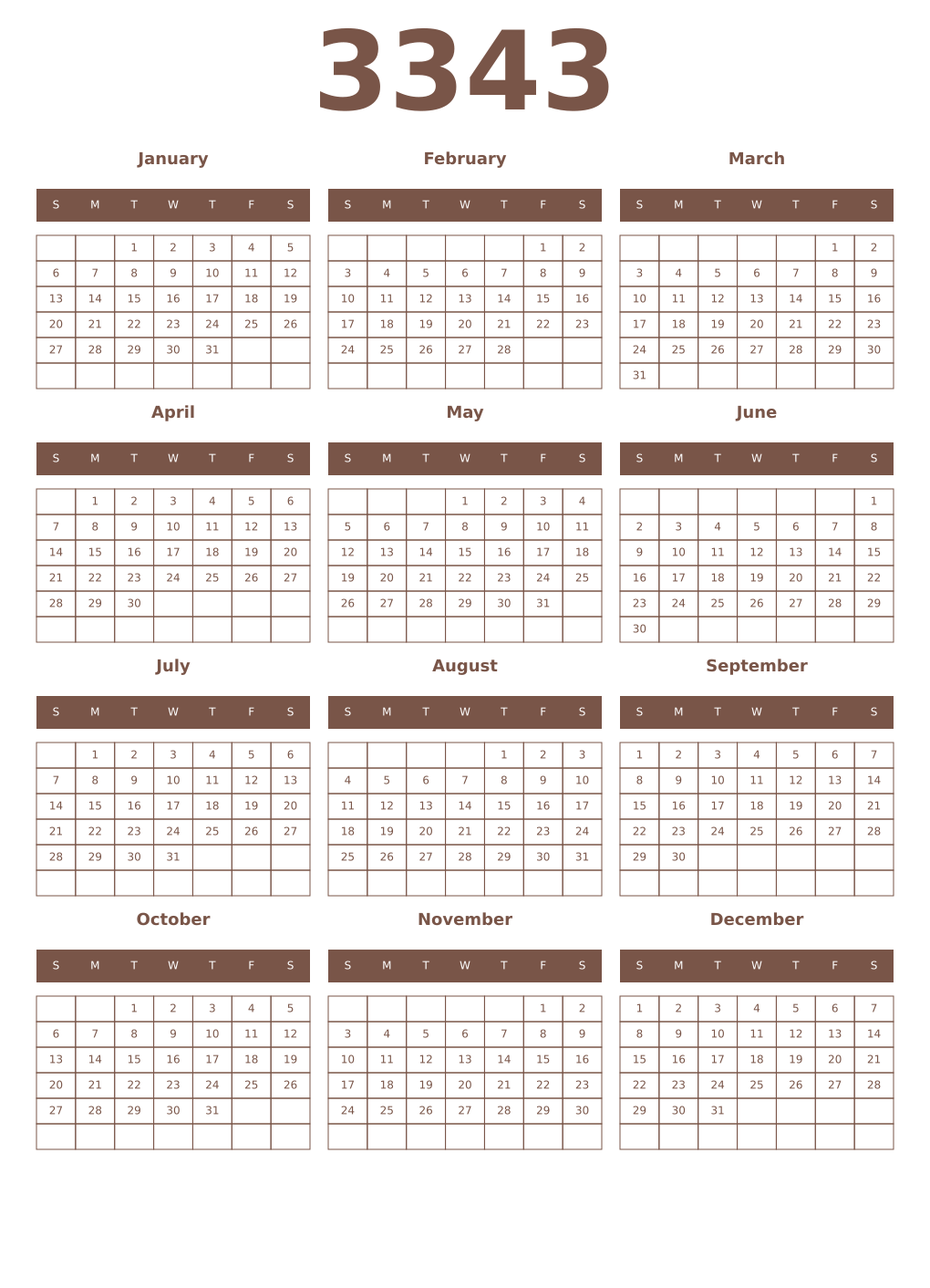 Printable 3343 Year Calendars coffe