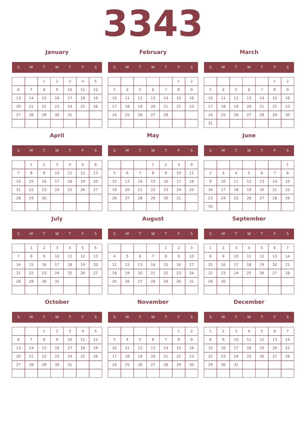 Printable 3343 Year Calendars cordovan