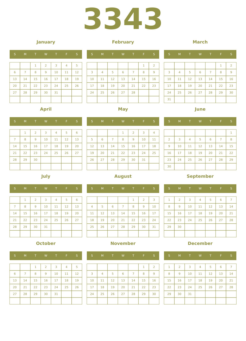 Printable 3343 Year Calendars eburnean