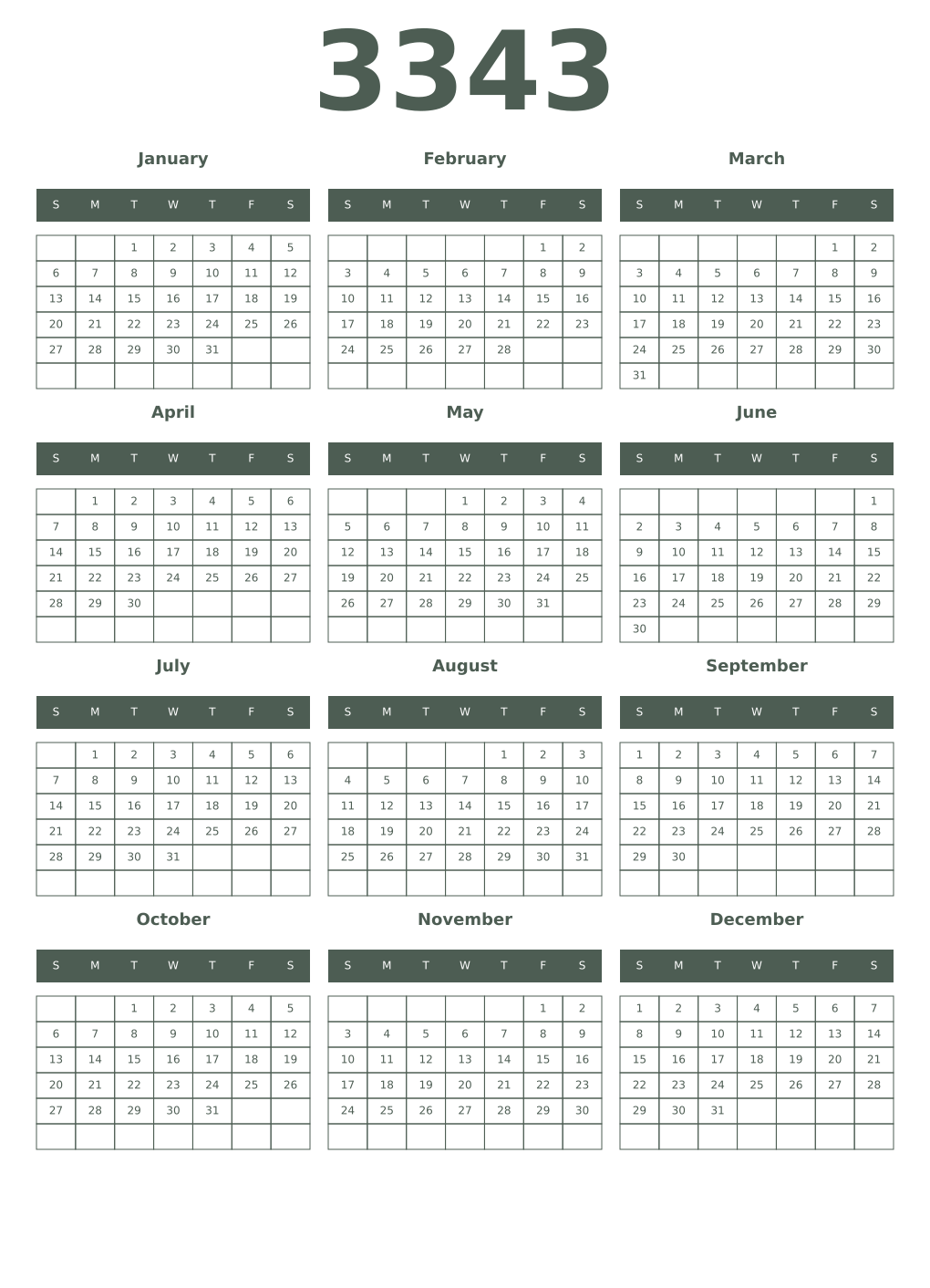 Printable 3343 Year Calendars feldgrau