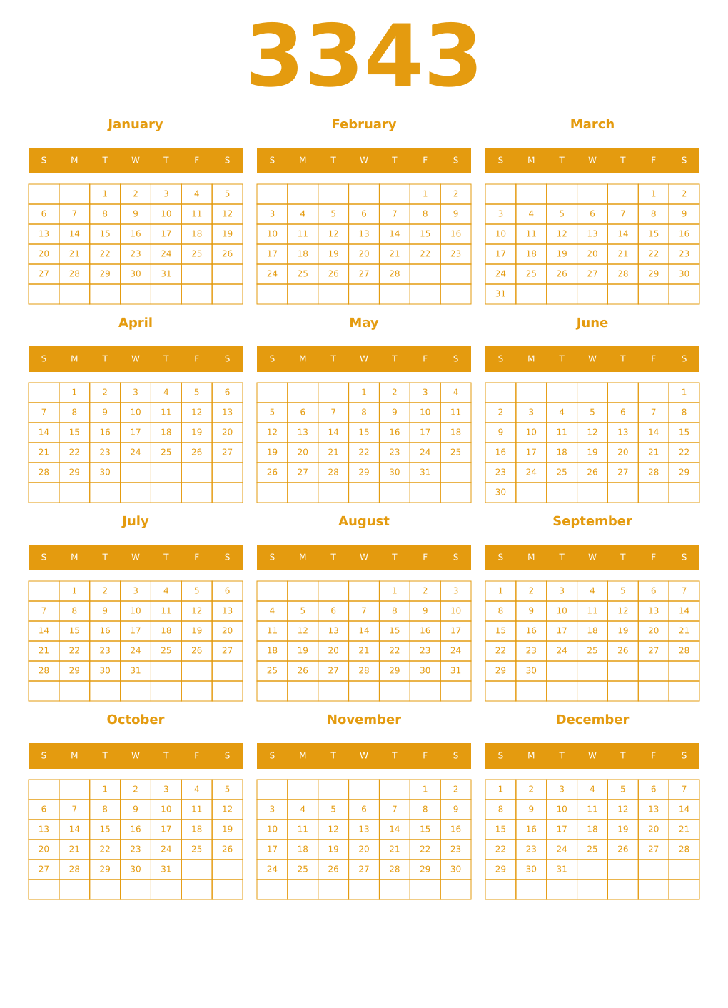 Printable 3343 Year Calendars gamboge
