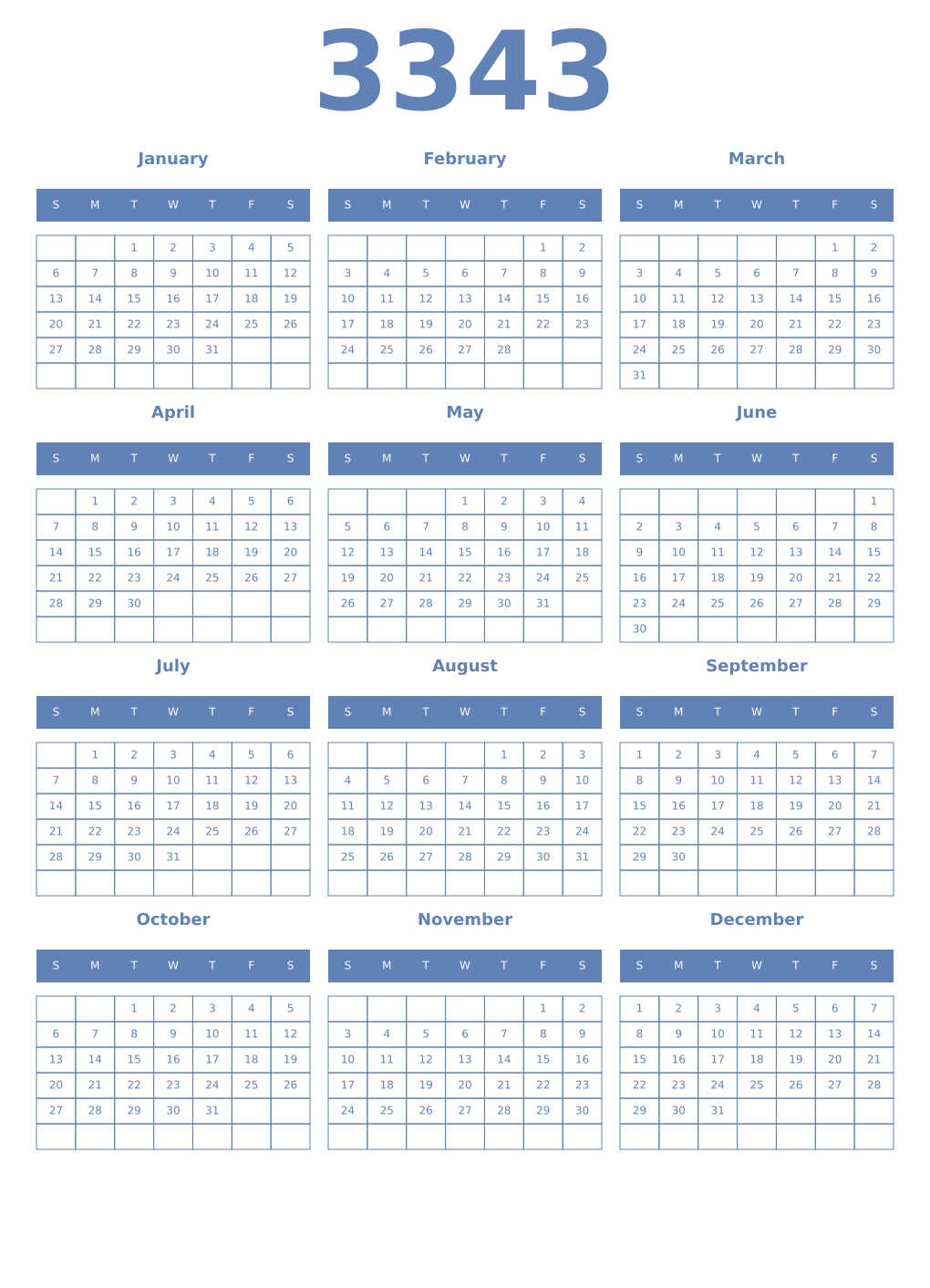 Printable 3343 Year Calendars glaucous