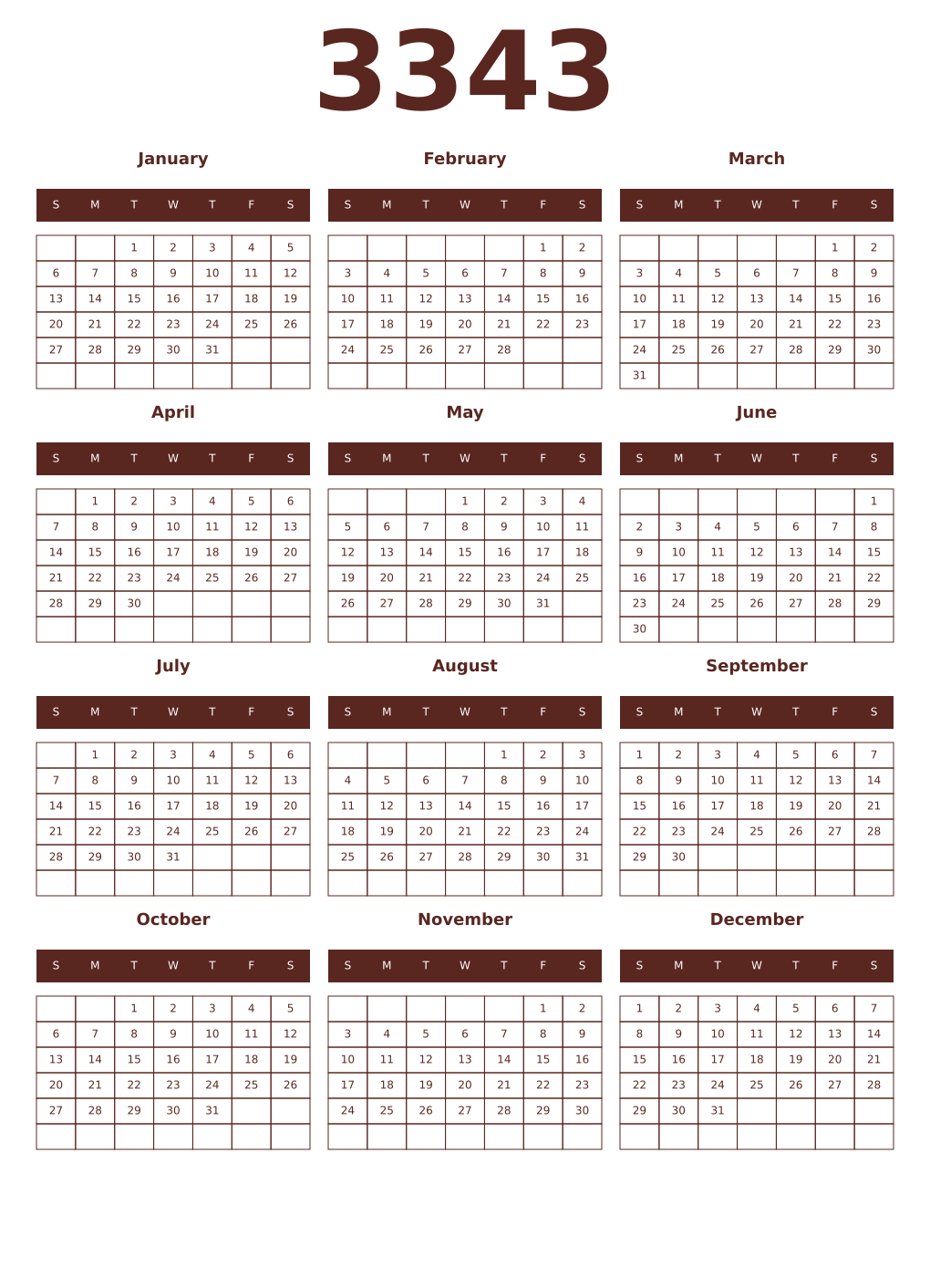 Printable 3343 Year Calendars mortuum