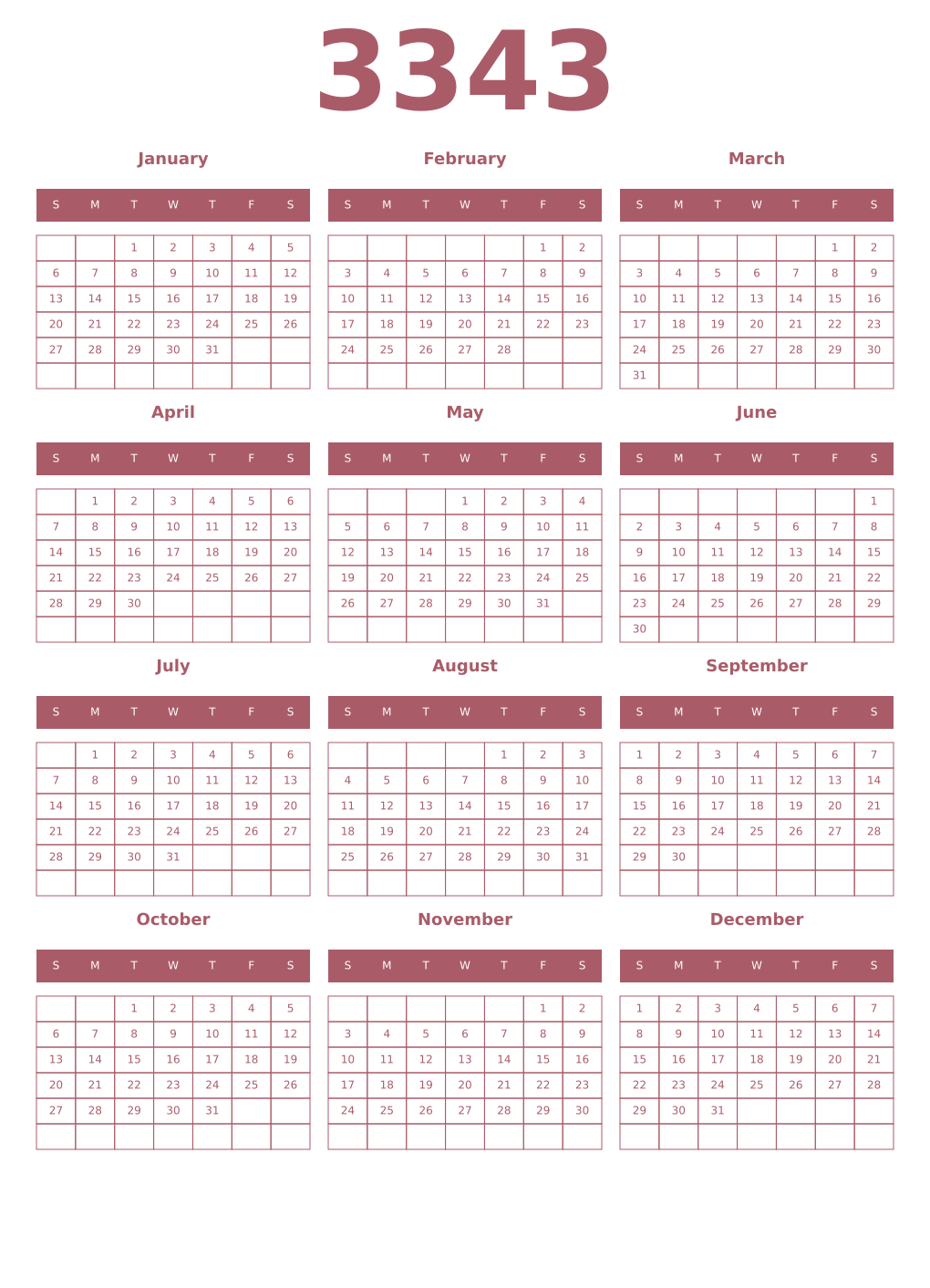 Printable 3343 Year Calendars puce
