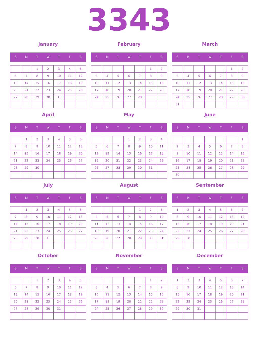 Printable 3343 Year Calendars purple