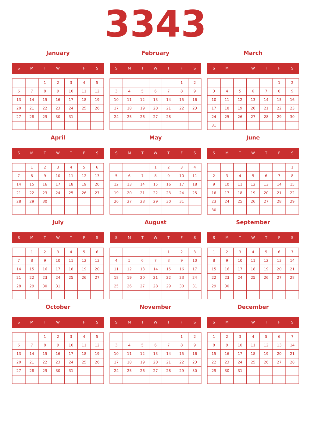 Printable 3343 Year Calendars red
